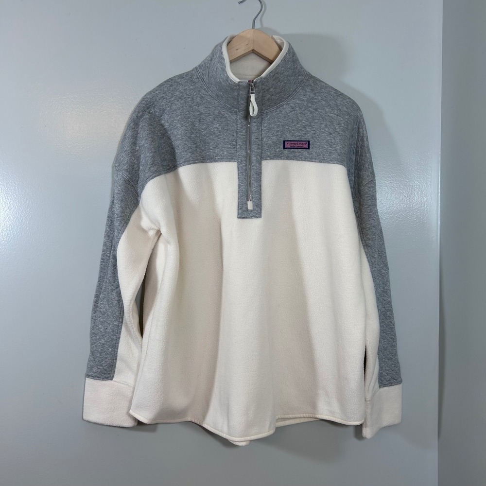 Vineyard Vines Womens XL Gray Cream Colorblock Quilted Fleece Quarter Zip Top